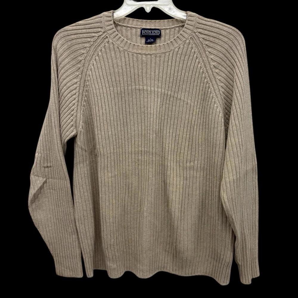 Lands End Ribbed Men Large 42-44 Fisherman Sweater Tan Cotton Made in USA